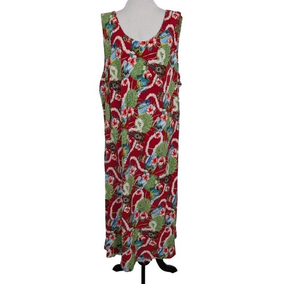 Vintage Hilo Hattie Midi Dress Womens Size 4XL Red Hawaiian Floral Sleeveless - Picture 1 of 9